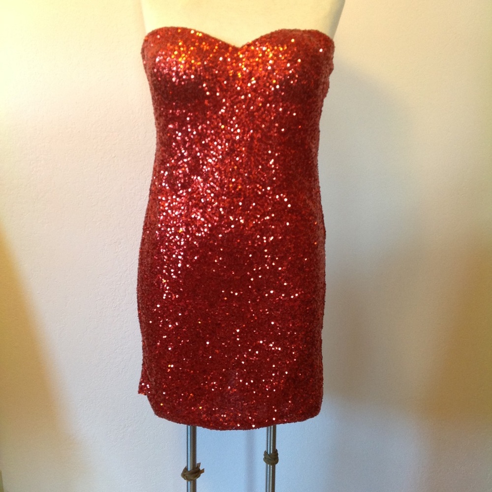 Red Sequin Strapless Dress